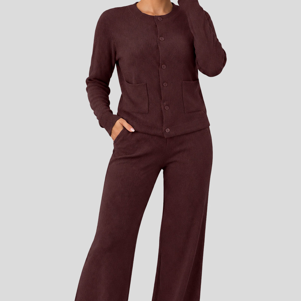 Women's Casual Knit Sweater Set Round Neck Wide Leg Pants