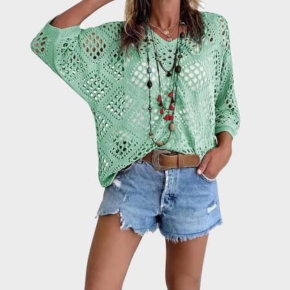 Womens Bohemian-Inspired Beige Crochet Top with V-Neck