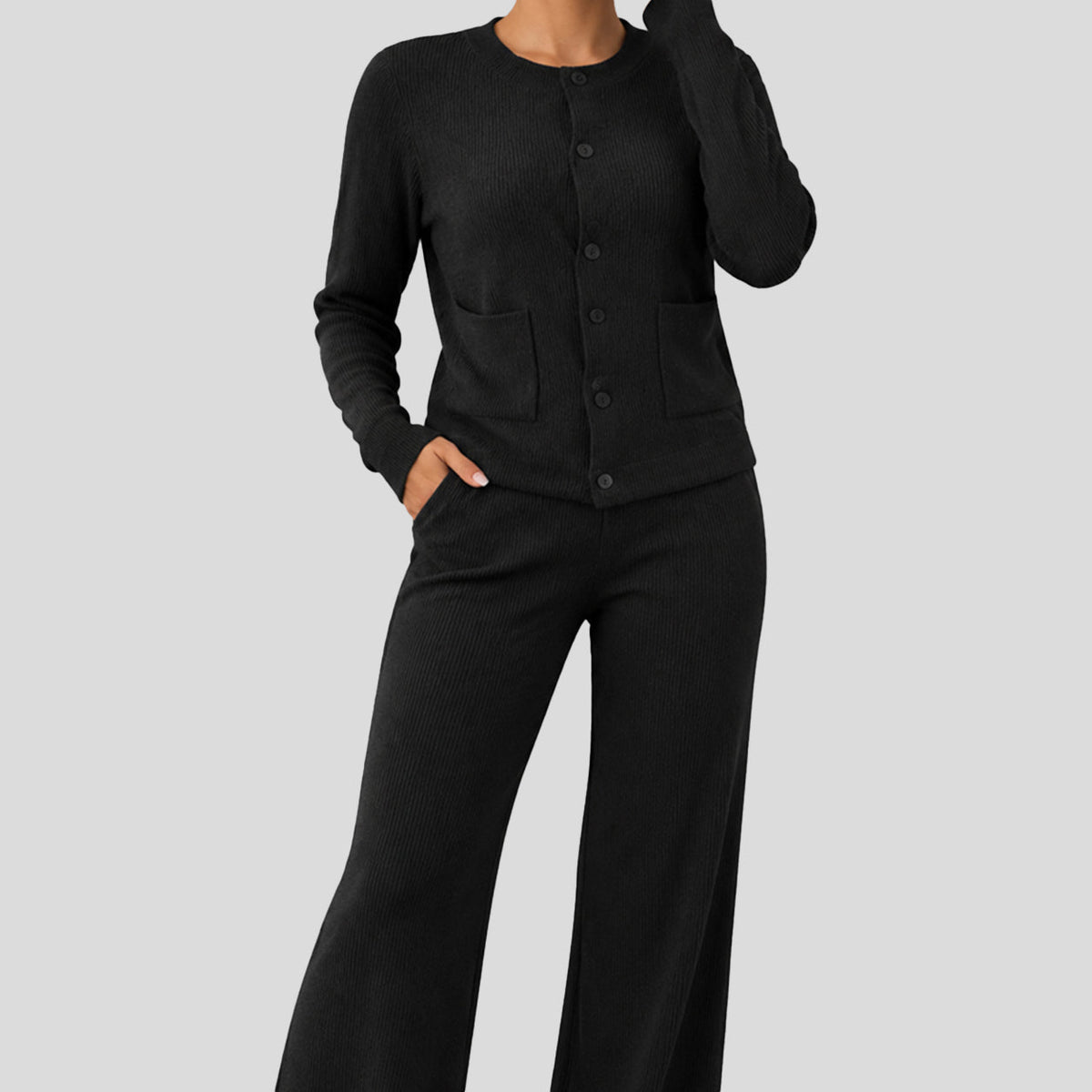 Women's Casual Knit Sweater Set Round Neck Wide Leg Pants