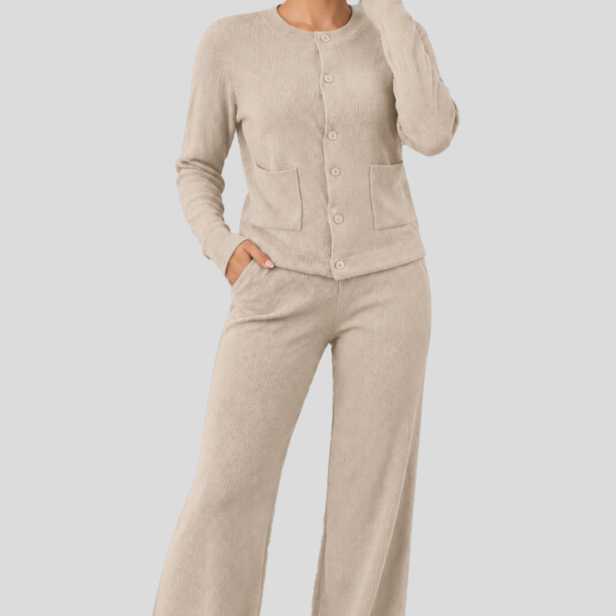 Women's Casual Knit Sweater Set Round Neck Wide Leg Pants