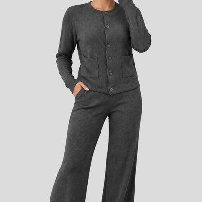 Women's Casual Knit Sweater Set Round Neck Wide Leg Pants