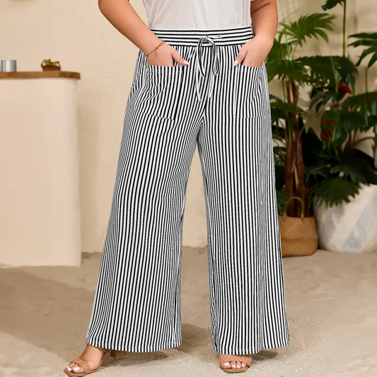 Women's Plus Size Elastic High Waist Wide Leg Pants Striped Casual
