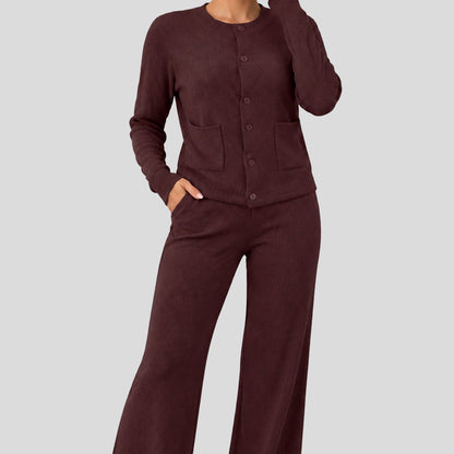 Women's Casual Knit Sweater Set Round Neck Wide Leg Pants