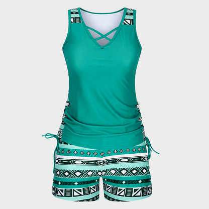 ⏰LAST DAY 50% OFF -Women's Tummy Control Tankini Set with Built-In Bra – Flattering Boho Swimwear with Shorts