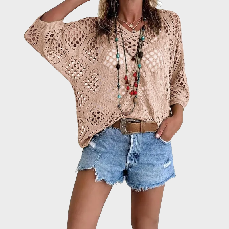 Womens Bohemian-Inspired Beige Crochet Top with V-Neck