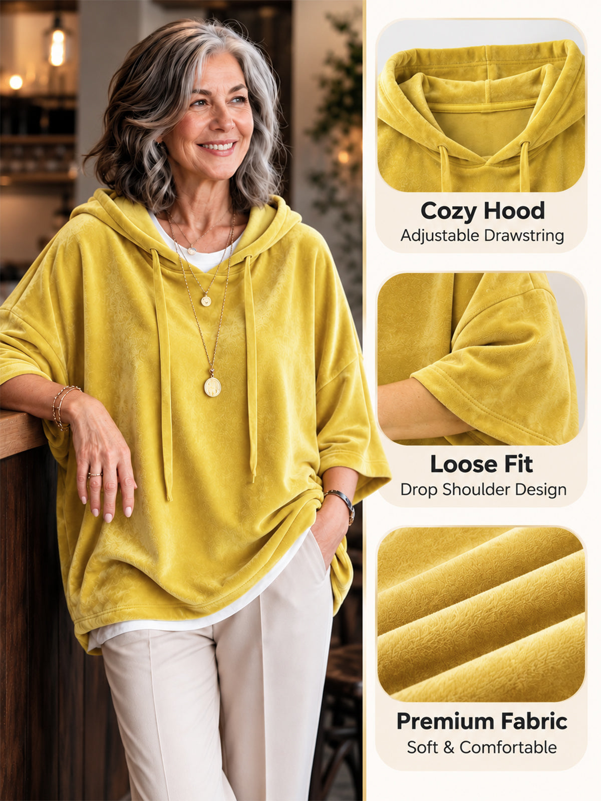 Cozy Bear Hoodie drawstring hood and three-quarter sleeve design