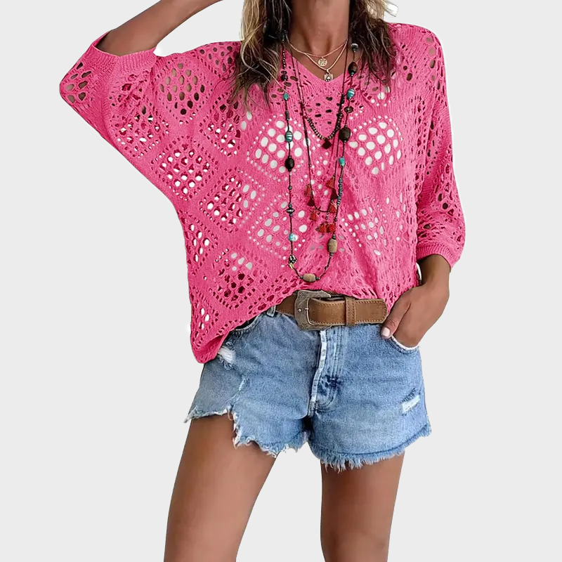 Womens Bohemian-Inspired Beige Crochet Top with V-Neck