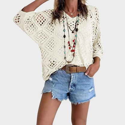 Womens Bohemian-Inspired Beige Crochet Top with V-Neck
