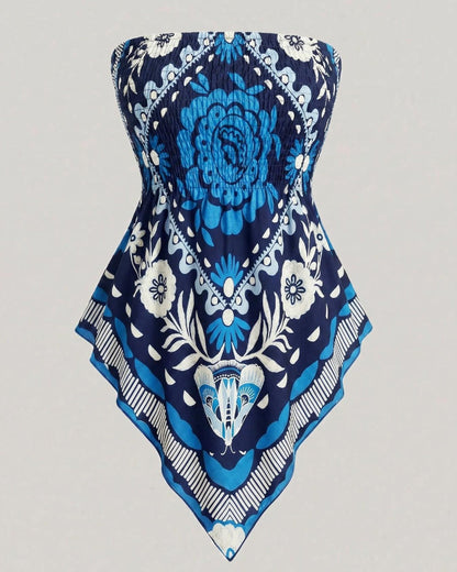 Boho Ethnic Print Tube Top Asym Hem