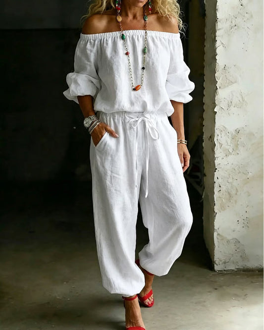 Off-Shoulder Tie Waist Cinched Waist Jumpsuit