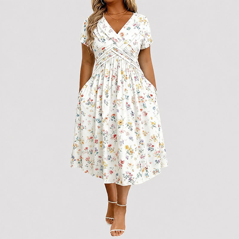 Women's V-Neck Floral Print Dress with Twist Waist